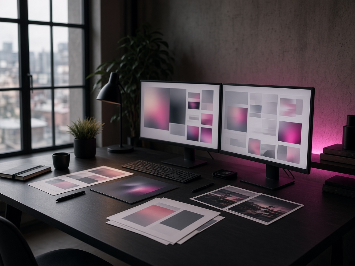 Asymmetrical studio workspace with monitors