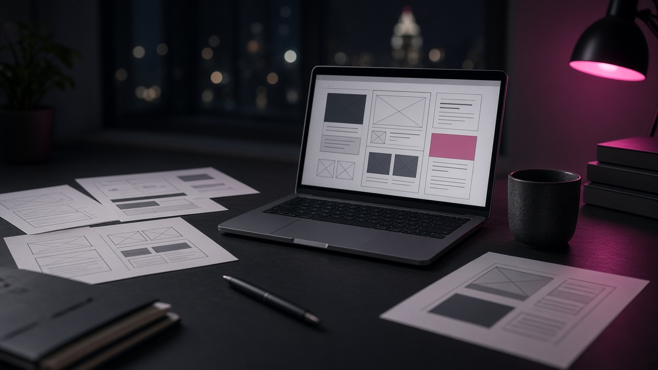 Dark studio desk with design work